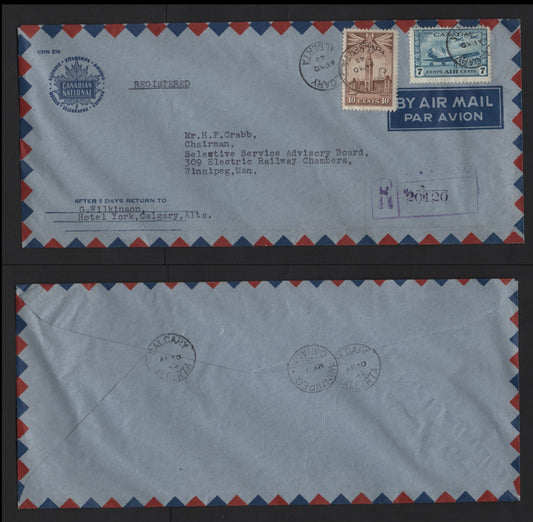 Lot 130 Canada #257, C8 7c - 10c Blue - Brown , 1942-1943 KGVI War - Airmail Issues, A Very Fine Cover, Combination Use On 1943 Registered Airmail Cover From Calgary to Winnipeg, Canadian National Airmail Envelope Airmail, Crisp Condition.