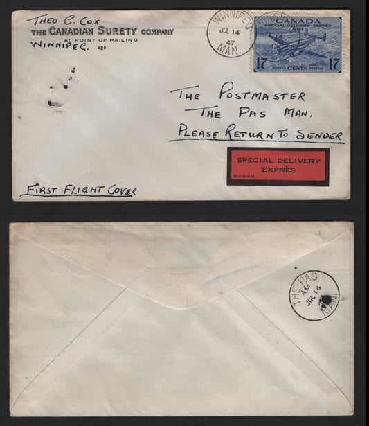 Lot 131 Canada #AAMC4717a 17c Deep Ultramarine , 1942-1943 Airmail Special Delivery Issue, A Very Fine Cover, July 14 1947, Winnipeg - Flin Flon First Flight, This Cover Being The Winnipeg- The Pas Leg