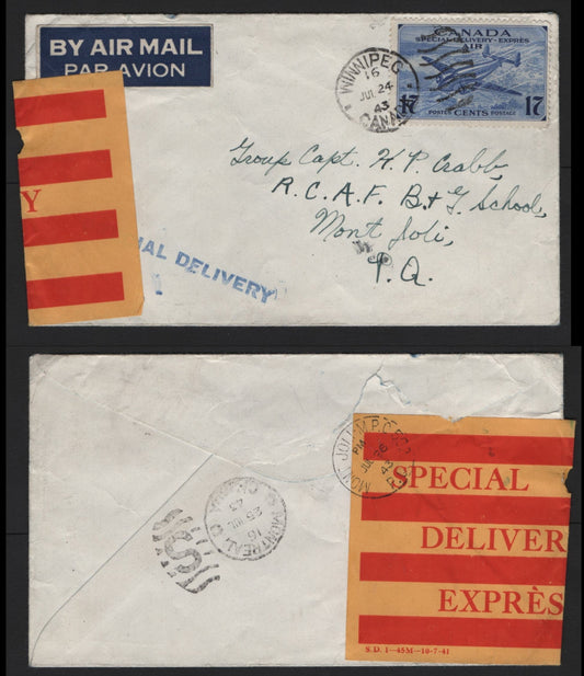 Lot 132 Canada #CE2 17c Dark Ultramarine , 1942-1943 Airmail Special Delivery Issue, A Very Fine Cover, July 24 1943 Airmail Special Delivery Cover From Mont Jolie Military Post Office To Winnipeg