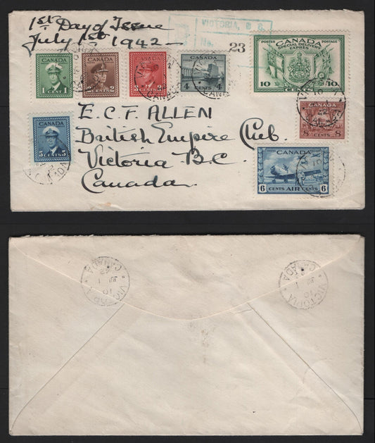 Lot 134 Canada #249-251, 253, 255-256, C7, E10 1c - 10c Green , 1942-1943 KGVI War - Airmail Special Delivery Issues, A Very Fine Cover, Registered FDC, Sent Within Victoria, BC, No Cachet, But Beautifully Franked.