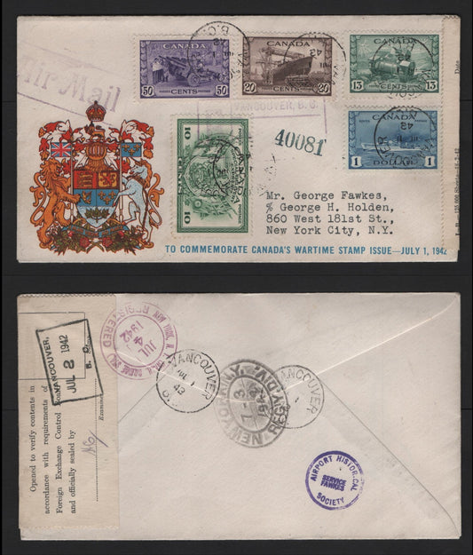 Lot 136 Canada #258, 260-262, E10 10c - $1 Green - Blue , 1942-1943 KGVI War - Special Delivery Issues, A Very Fine Cover, W Talbot FDC Cover, Sealed With A Signed & Dated Foreign Exchange Control Board Label