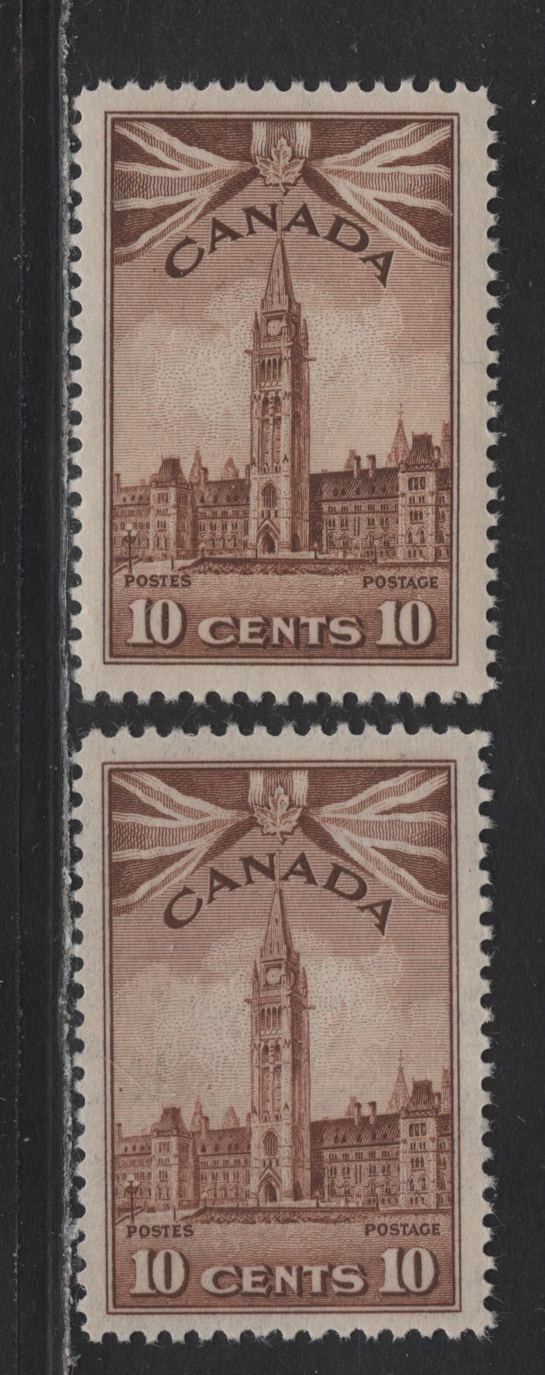 Lot 137 Canada (C) #257 10c Deep Chocolate Brown - Pale Pinkish Chocolate Parliament Building, 1942-1943 KGVI War Issue, 2 VFNH Singles, CBN-KKKK & CBN-NNNN Papers, Perfs 12 & 11.9