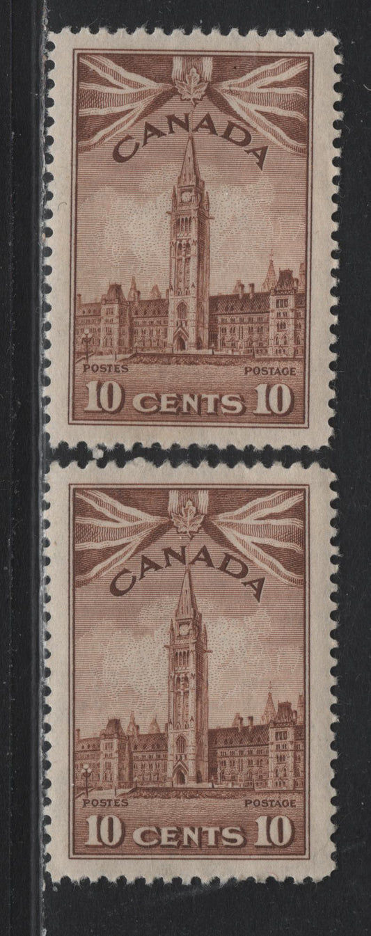 Lot 138 Canada #257 10c Very Pale Yellowish Brown Parliament Building, 1942-1943 KGVI War Issue, 2 VFNH Singles, CBN-NNNN Paper, Perfs 11.95x12 & 12