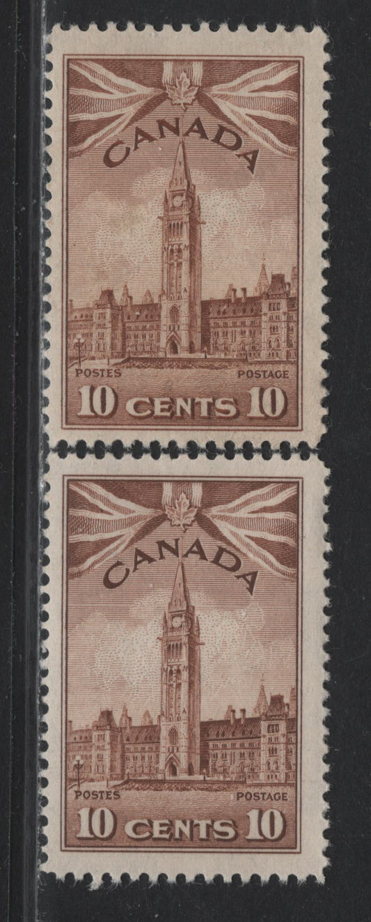 Lot 143 Canada (C) #257 10c Very Pale Reddish Chocolate - Pale Pinkish Chocolate Parliament Building, 1942-1943 KGVI War Issue, 2 FNH Singles, CBN-MMMM & CBN-NNNN Papers, Perfs 11.8x11.9 & 11.9x12