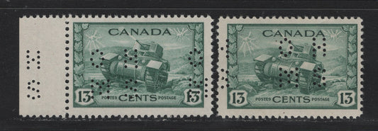 Lot 147 Canada (C) #O9-258 13c Myrtle Green Ram Tank, 1942-1943 KGVI War Issue, 3 FOG/NH Singles, 4-Hole OHMS Perfin, Original Die, POS. 1, CBN-QQQQ & CBN-TTTT Papers, Perfs 11.9 & 11.95x11.9.