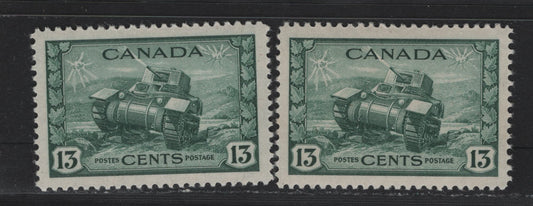 Lot 150 Canada (C) #258 13c Myrtle Green - Deep Myrtle Green Ram Tank, 1942-1943 KGVI War Issue, 3 VFNH Singles, CBN-PPPP Paper, Perfs 11.95 & 11.85x12