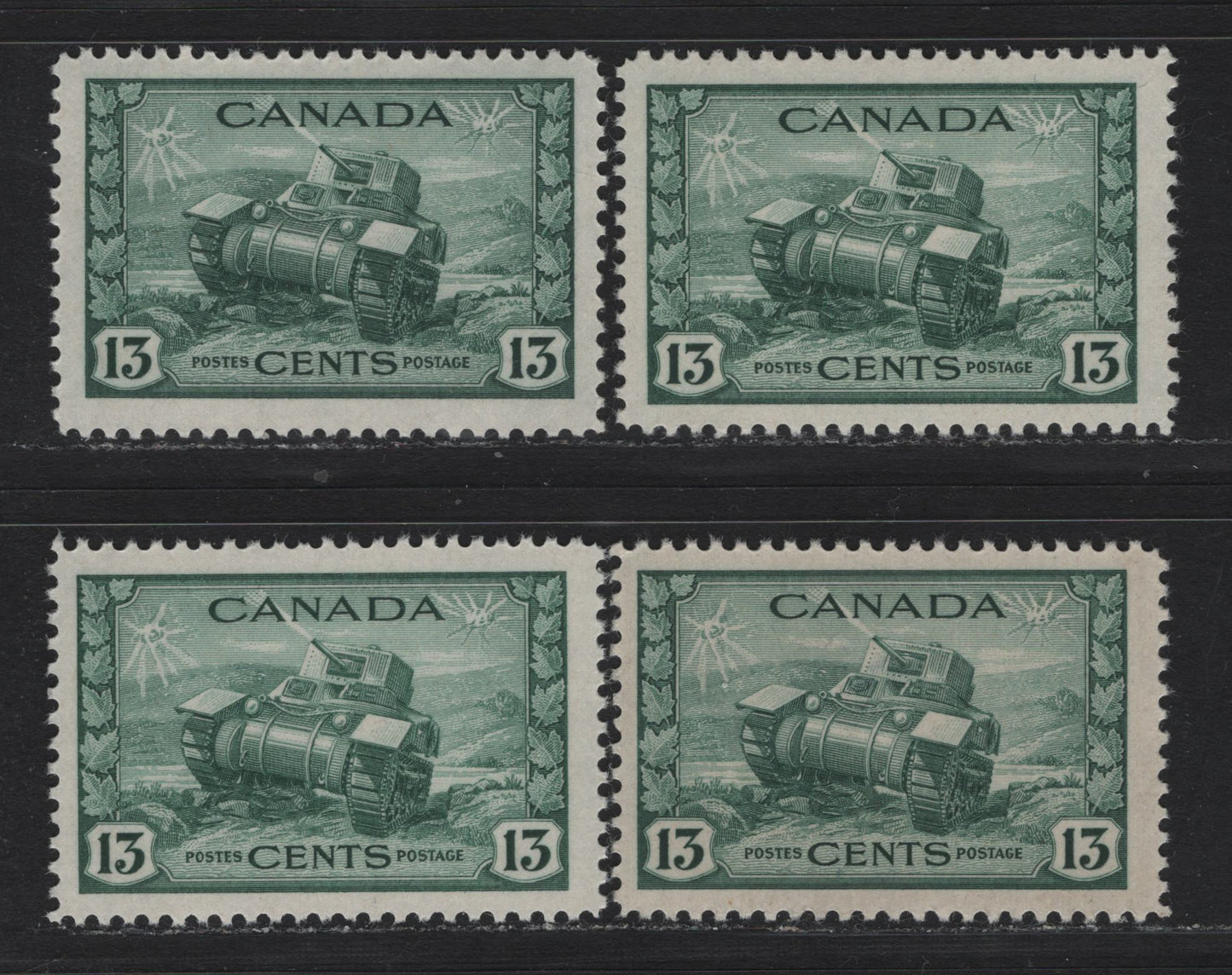 Lot 152 Canada (C) #258 13c Myrtle Green Ram Tank, 1942-1943 KGVI War Issue, 4 F/VFNH Singles, CBN-PPPP & CBN-RRRR Papers, Perfs 11.9x12.1 & 12