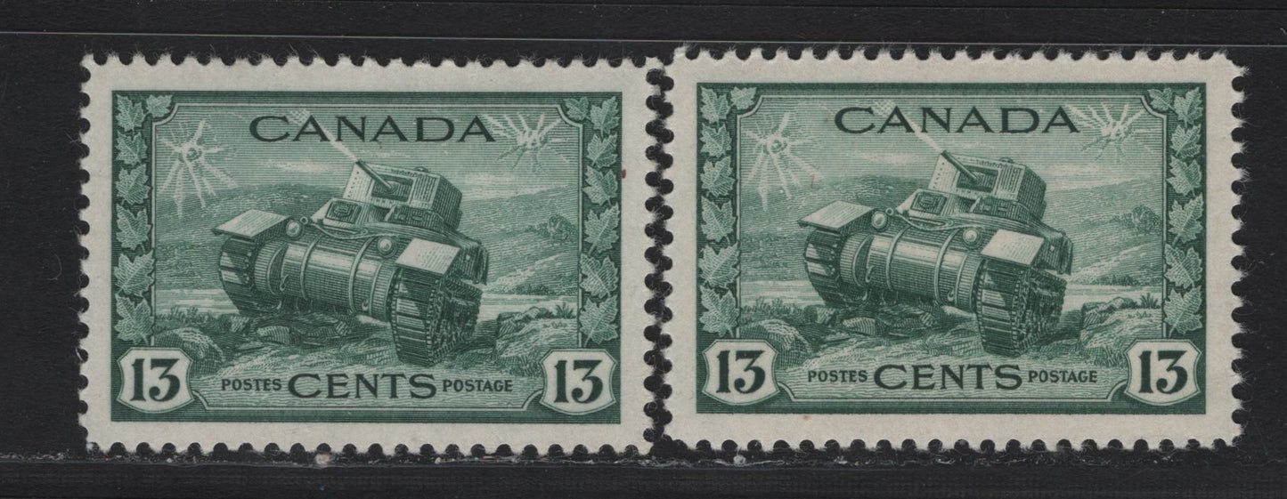 Lot 153 Canada #258 13c Deep Myrtle Green Ram Tank, 1942-1943 KGVI War Issue, 2 VFOG Singles, CBN-PPPP Paper, Perfs 11.9x11.95 & 12x11.9