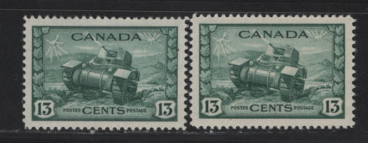 Lot 153 Canada #258 13c Deep Myrtle Green Ram Tank, 1942-1943 KGVI War Issue, 2 VFOG Singles, CBN-PPPP Paper, Perfs 11.9x11.95 & 12x11.9
