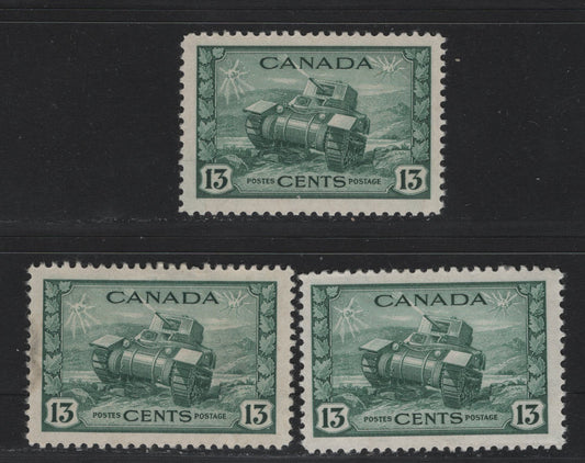 Lot 156 Canada #258 13c Myrtle Green Ram Tank, 1942-1943 KGVI War Issue, 3 F/VFOG Singles, CBN-SSSS, CBN-RRRR & CBN-PPPP Papers, Perfs 12.05x12, 12.05x11.9 & 11.95x12