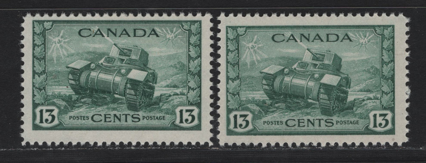 Lot 157 Canada (C) #258 13c Myrtle Green Ram Tank, 1942-1943 KGVI War Issue, 2 FNH Singles, CBN-TTTT & CBN-QQQQ Papers, Perfs 12 & 11.95x12