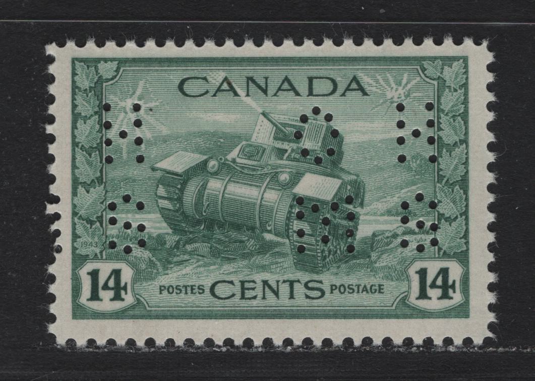 Lot 161 Canada (C) #O10-259 14c Dull Bluish Green Ram Tank, 1942-1943 KGVI War Issue, A FNH Single, CBN-TTTT Paper, 4-Hole OHMS Perfin In The Revised Die, POS. 1, Perf 12x11.9.