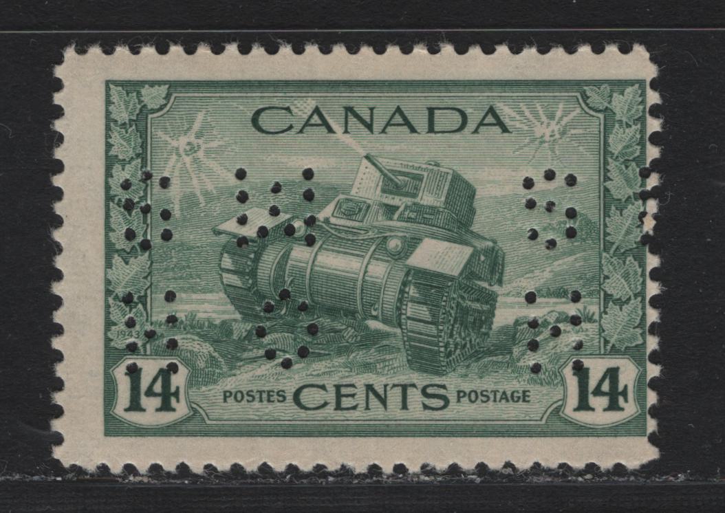 Lot 162 Canada (C) #O10-259 14c Myrtle Green Ram Tank, 1942-1943 KGVI War Issue, A FNH Single, CBN-UUUU Ppaer, 4-Hole OHMS Perfin In The Revised Die, POS. 3 (Inverted), Perf 11.9.