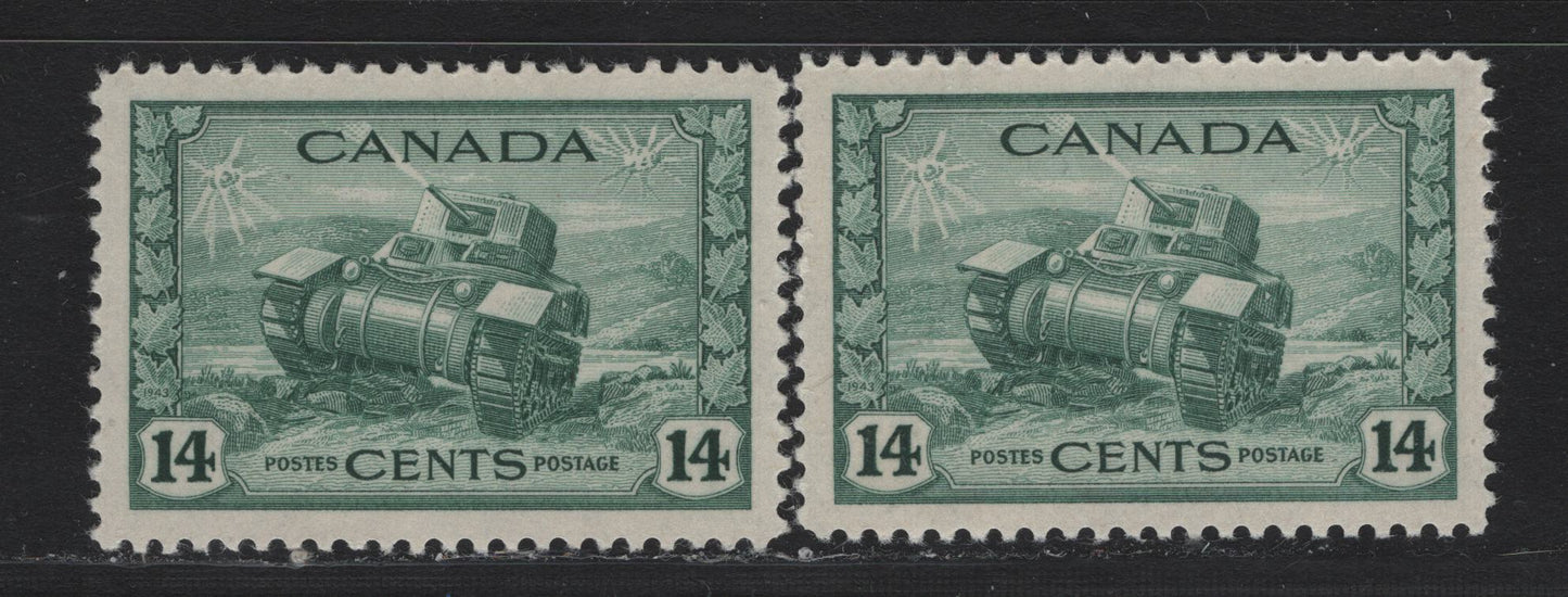 Lot 163 Canada (C) #259 14c Myrtle Green Ram Tank, 1942-1943 KGVI War Issue, 2 VFNH Singles, CBN-WWWW & CBN-PPPP Papers, Perfs 12x11.8 &11.9x12