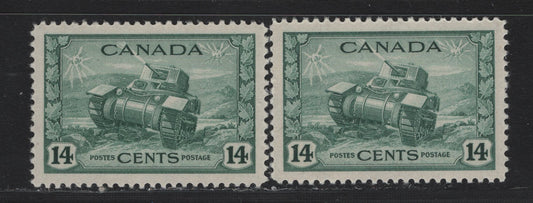 Lot 163 Canada (C) #259 14c Myrtle Green Ram Tank, 1942-1943 KGVI War Issue, 2 VFNH Singles, CBN-WWWW & CBN-PPPP Papers, Perfs 12x11.8 &11.9x12