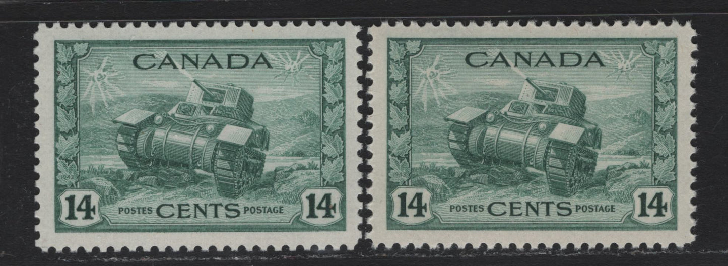 Lot 164 Canada (C) #259 14c Myrtle Green Ram Tank, 1942-1943 KGVI War Issue, 2 VFNH Singles, CBN-PPPP Paper, Perfs 11.95x12 & 11.95x11.9