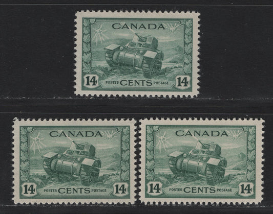 Lot 166 Canada (C) #259 14c Myrtle Green Ram Tank, 1942-1943 KGVI War Issue, 3 VFNH Singles, CBN-ZZZZ & CBN-UUUU Papers, Perfs 11.9x11.85 & 11.95x11.9
