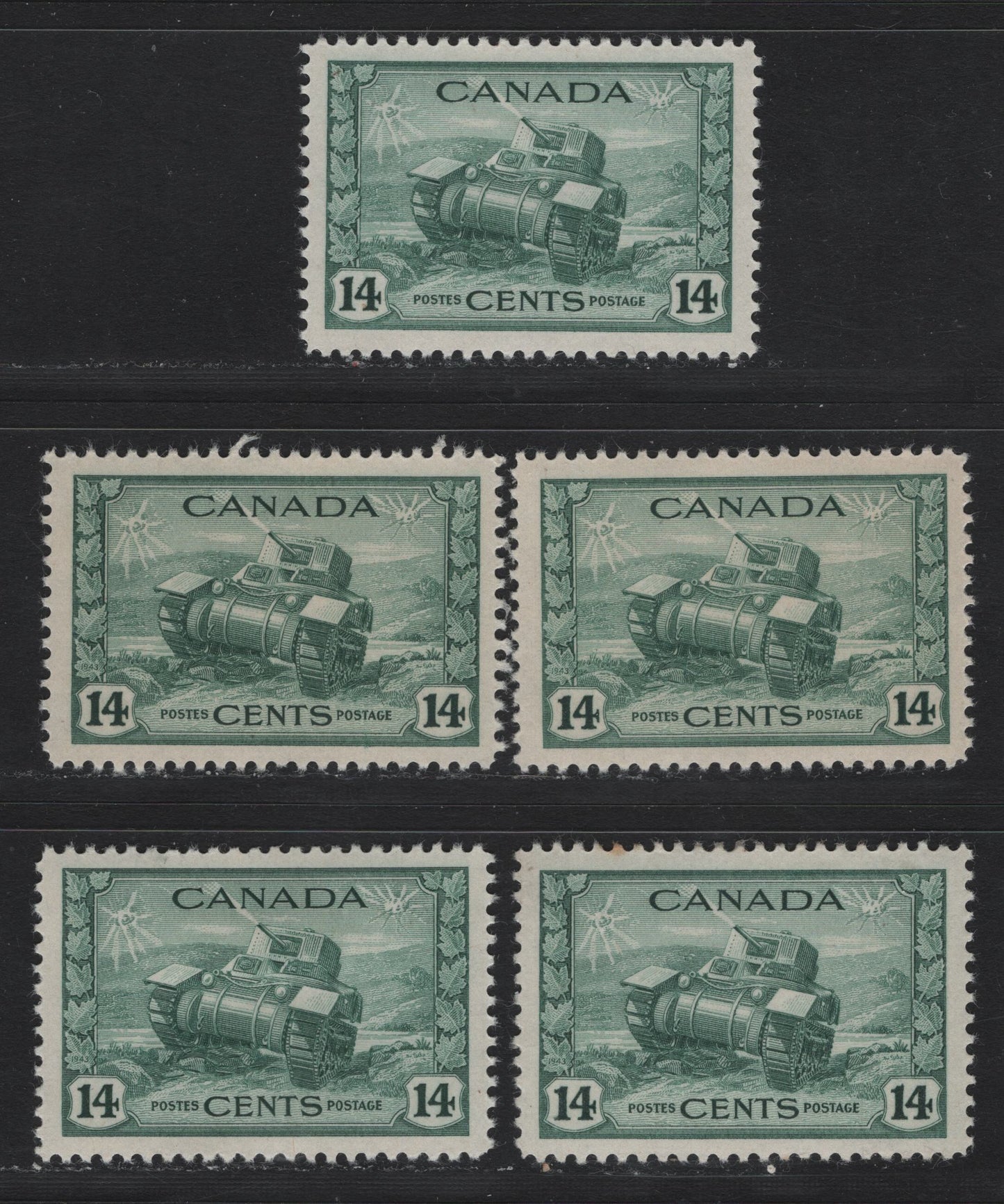 Lot 167 Canada #259 14c Myrtle Green - Dull Bluish Green Ram Tank, 1942-1943 KGVI War Issue, 5 VFOG Singles, CBN-QQQQ & CBN-PPPP Papers, Perfs 12, 11.9x12 & 12x11.9