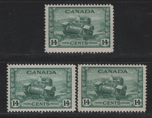 Lot 168 Canada (C) #259 14c Myrtle Green Ram Tank, 1942-1943 KGVI War Issue, 3 FNH Singles, CBN-PPPP Paper, Perfs 11.9, 11.95 & 12