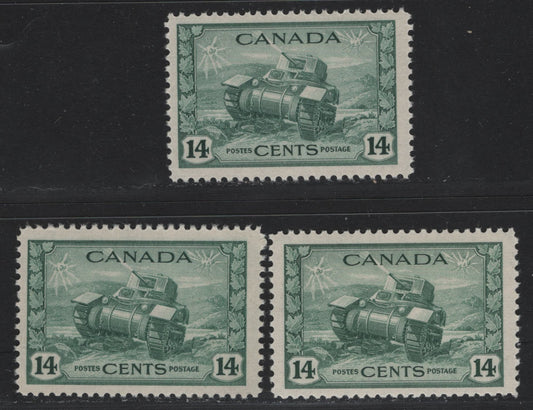 Lot 169 Canada (C) #259 14c Myrtle Green Ram Tank, 1942-1943 KGVI War Issue, 3 FNH Singles, CBN-UUUU, CBN-RRRR & CBN-QQQQ Papers, Perfs 11.9 & 12x11.9
