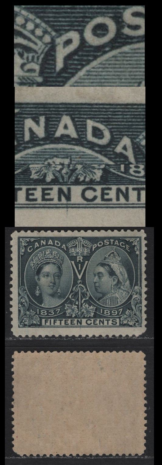 Lot 16 Canada (C) #58 15c Blackish Blue Queen Victoria, 1897 Diamond Jubilee Issue, A FOG Single, ABN-AAAA Paper, Perf 12x11.95, Showing Crossed Vertical & Horizontal Guidelines Meeting Through N Of Fifteen & Markes In P Of Postage.
