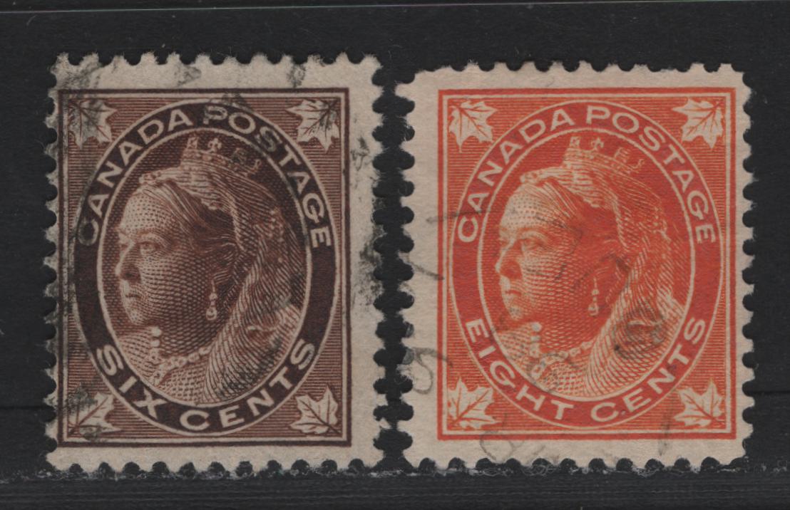 Lot 17 Canada (C) #71, 72a 6c - 8c Brown - Orange Queen Victoria, 1897-1898 Maple Leaf Issue, 2 Very Good/Fine Used Singles, ABN-TTTT & ABN-CC Papers, Perfs 12 & 11.9x12