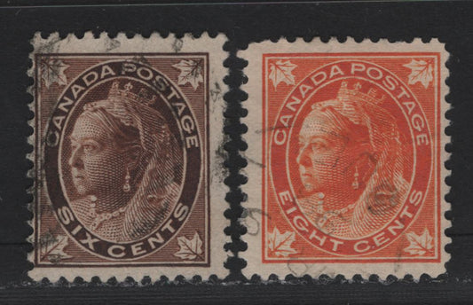 Lot 17 Canada (C) #71, 72a 6c - 8c Brown - Orange Queen Victoria, 1897-1898 Maple Leaf Issue, 2 Very Good/Fine Used Singles, ABN-TTTT & ABN-CC Papers, Perfs 12 & 11.9x12