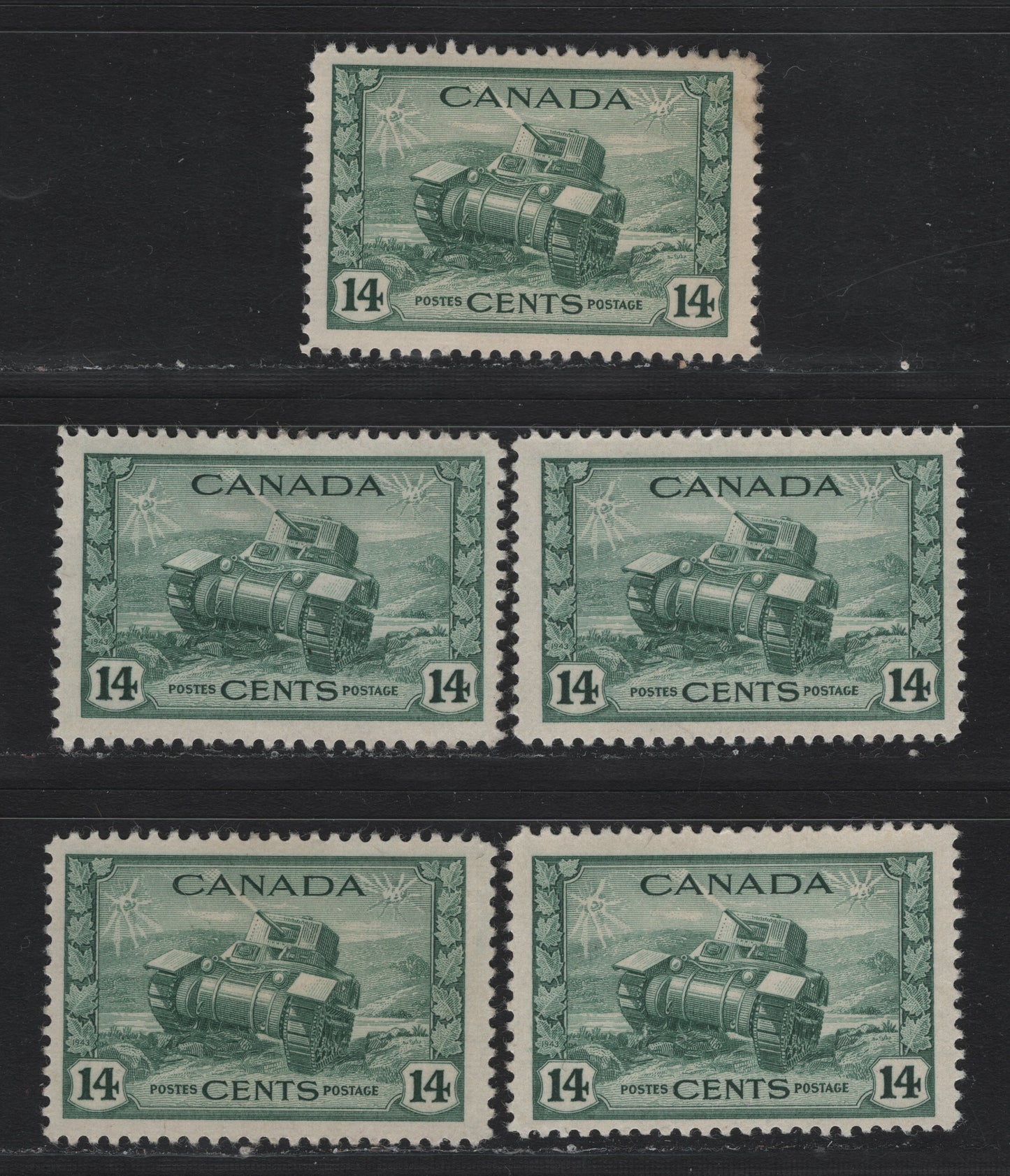 Lot 171 Canada #259 14c Myrtle Green Ram Tank, 1942-1943 KGVI War Issue, 5 FOG Singles, CBN-UUUU,CBN-QQQQ & CBN-SSSS Papers, Perfs 11.9, 11.9x11.85, 11.9x12