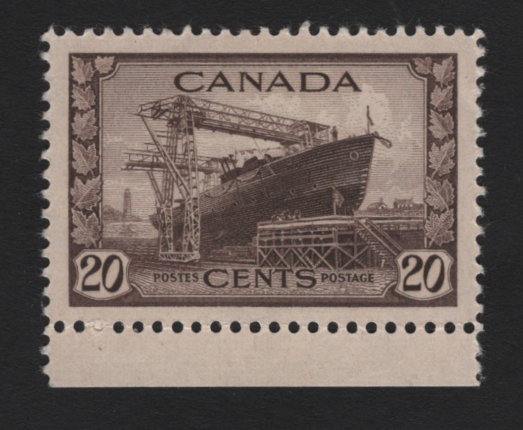 Lot 172 Canada (C) #260 20c Deep Purple Brown Corvette, 1942-1943 KGVI War Issue, A VFNH Single, CBN-MMMM Paper, Perfs 11.9x11.95