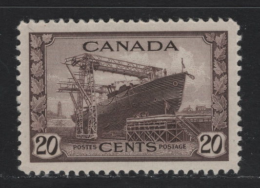Lot 174 Canada #260 20c Deep Purple Brown Corvette, 1942-1943 KGVI War Issue, A VFNH Single, CBN-VVVV Paper, Perf 12.05x11.95