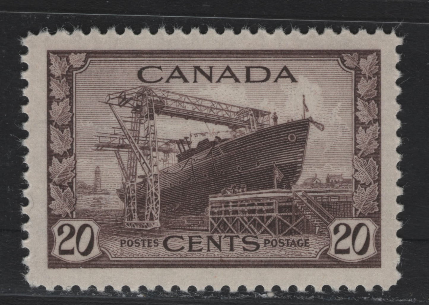 Lot 179 Canada (C) #260 20c Light Purple Brown Corvette, 1942-1943 KGVI War Issue, A VFNH Single, CBN-BBBBB Paper, Perf 11.95x12