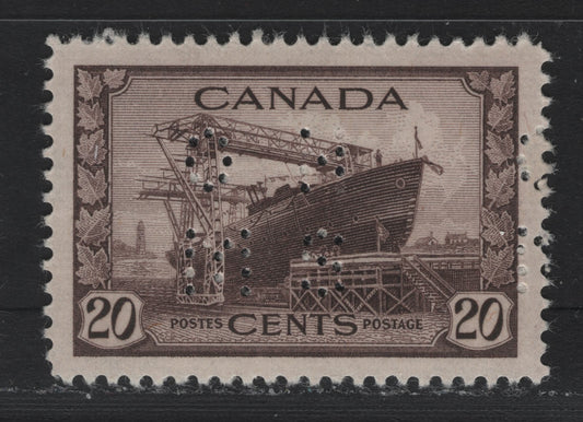 Lot 180 Canada #O9-260 20c Deep Purple Brown Corvette, 1942-1943 KGVI War Issue, A VFOG Single, CBN-AAAAA Paper, Perf 11.95x11.9, 4-Hole OHMS Perfin, Original Die, POS. 1.