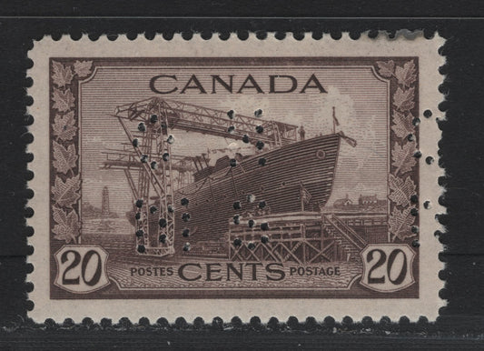 Lot 181 Canada (C) #O10-260 20c Purple Brown Corvette, 1942-1943 KGVI War Issue, A VFOG Single, CBN-BBBBB Paper, Perf 11.9x11.95, 4-Hole OHMS Perfin In The new Revised Die, POS. 1.