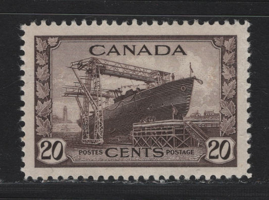 Lot 184 Canada #260 20c Deep Purple Brown Corvette, 1942-1943 KGVI War Issue, A VFOG Single, CBN-SSSS Paper, Perf 12x11.9