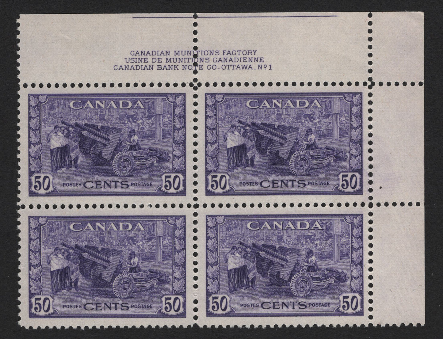 Lot 186 Canada (C) #261 50c Violet Munitions Factory, 1942-1943 KGVI War Issue, A VFNH UR Plate 1 Block Of 4, CBN-AAAAA Paper, Perf 11.9