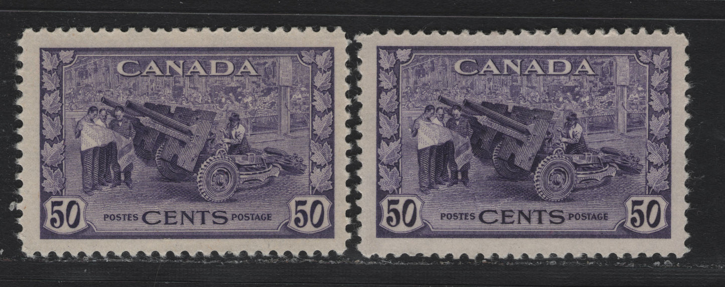 Lot 202 Canada #261 50c Dull Grayish Violet Munitions Factory, 1942-1943 KGVI War Issue, 2 FOG Singles, CBN-ZZZZ & CBN-EEEEE Papers, Perfs 11.95x11.85 & 11.95, Both With Small Hinge Thins But Very Unusual Shades.