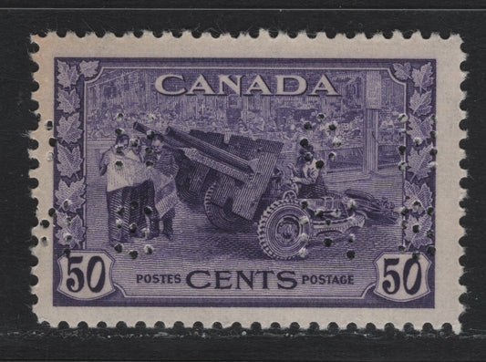 Lot 207 Canada (C) #O9-261 50c Violet Munitions Factory, 1942-1943 KGVI War Issue, A FOG Single, CBN-UUUU Paper, Perf 12x11.9, 4-Hole OHMS Perfin, Original Die From POS. 1.