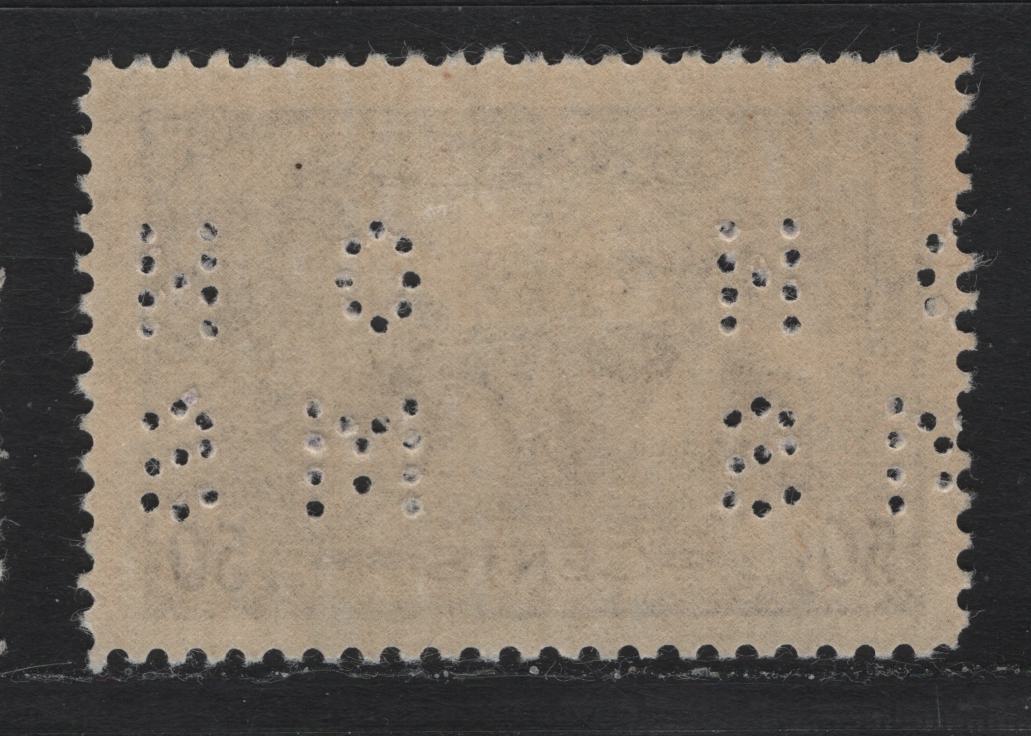 Lot 207 Canada (C) #O9-261 50c Violet Munitions Factory, 1942-1943 KGVI War Issue, A FOG Single, CBN-UUUU Paper, Perf 12x11.9, 4-Hole OHMS Perfin, Original Die From POS. 1.