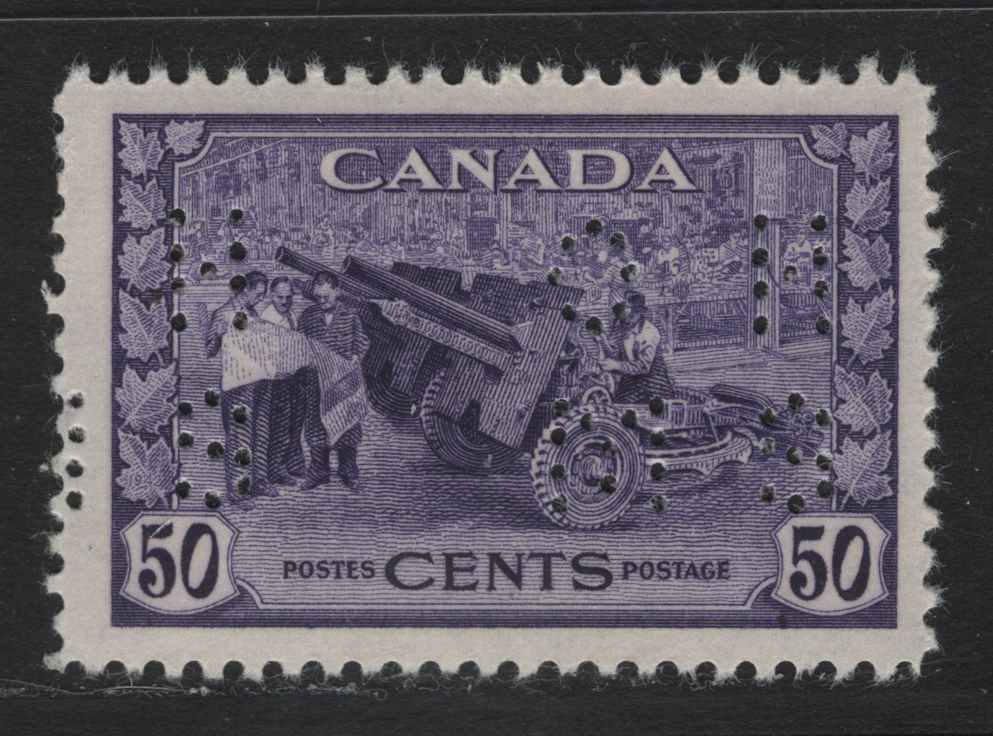 Lot 208 Canada (C) #O10-261 50c Violet Munitions Factory, 1942-1943 KGVI War Issue, A FOG Single, CBN-UUUU Paper, Perf 12x11.9, 4-Hole OHMS Perfin, Revised Die From POS. 1.