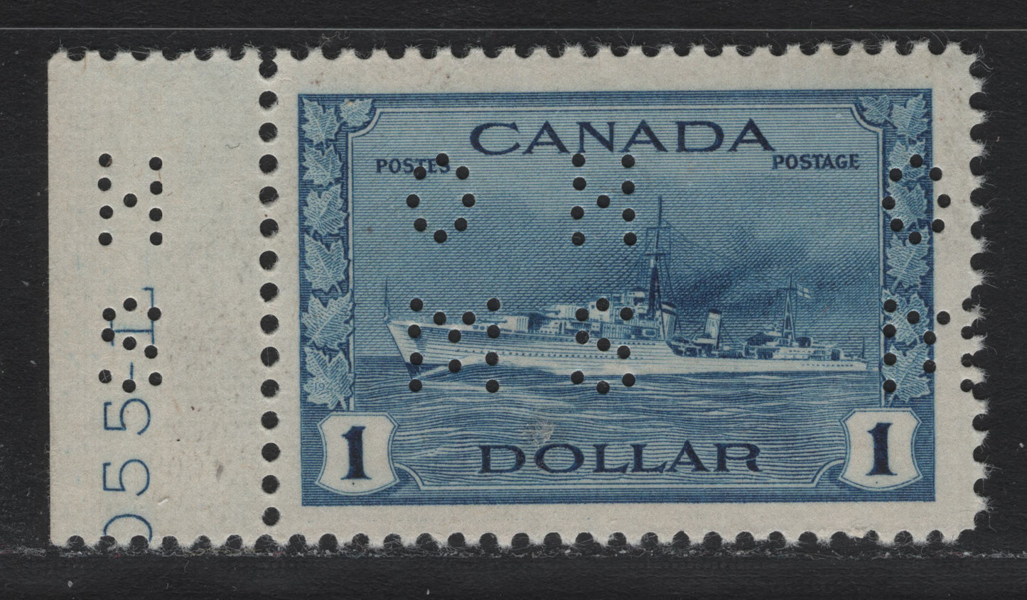 Lot 210 Canada (C) #O9-262 $1 Deep Blue Tribal Class Destroyer, 1942-1943 KGVI War Issue, A VFOG Single, CBN-DDDDD Paper, Perf 11.95x11.85, 4-Hole OHMS Perfin, Original Die From POS. 1.