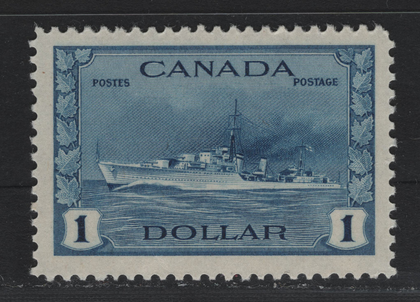 Lot 216 Canada #262 $1 Deep Bright Blue Tribal Class Destroyer, 1942-1943 KGVI War Issue, A VFNH Single, CBN-TTTT Paper, Perf 11.9, Small Gum Wrinkle At Bottom Margin.
