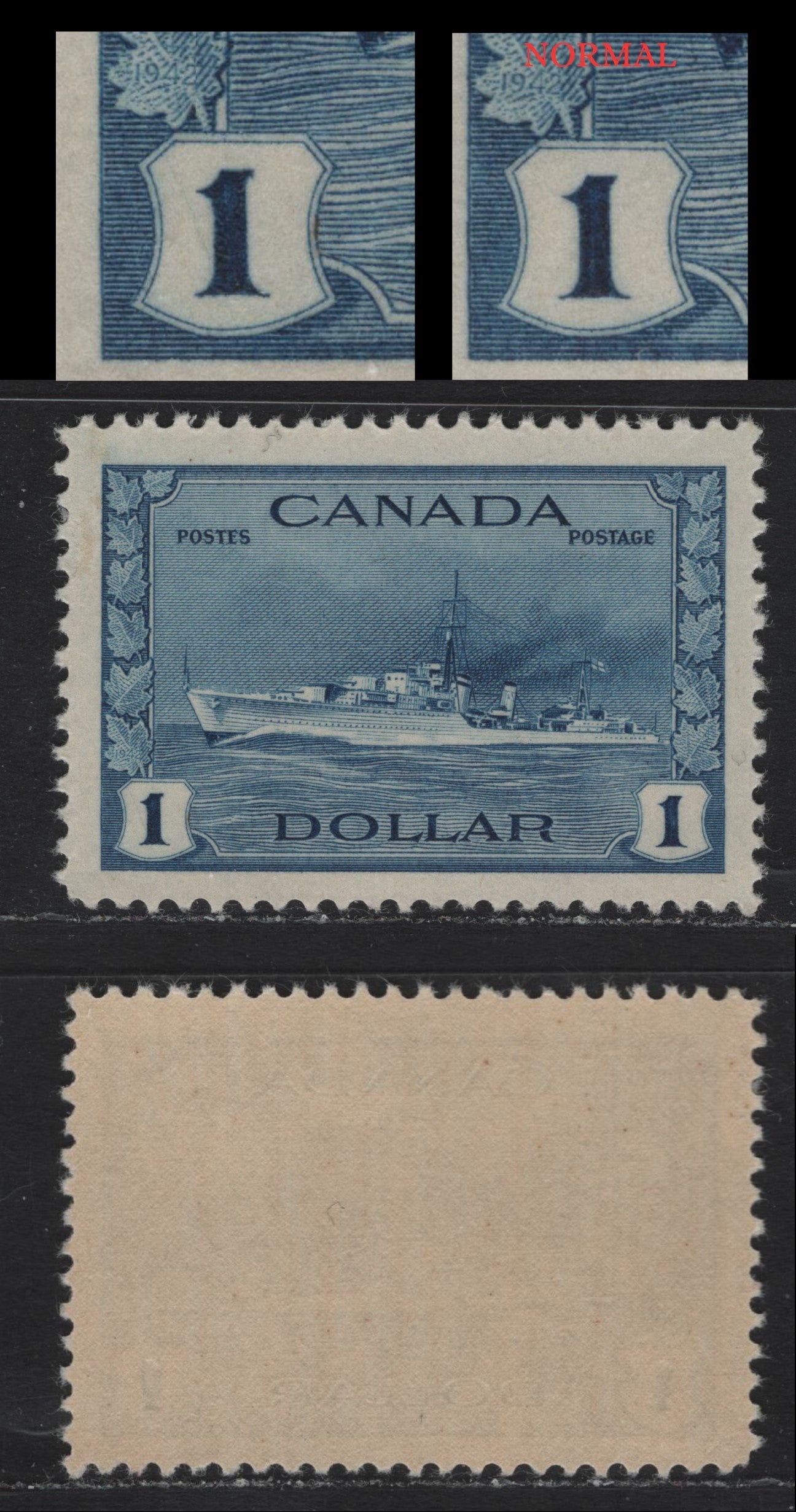 Lot 222 Canada (C) #262 $1 Deep Bright Blue Tribal Class Destroyer, 1942-1943 KGVI War Issue, A VFNH Single, CBN-ZZZZ Paper, Perf 11.95x11.9, Showing Fine Diagonal Hairline From Left 1, Unlisted In Unitrade.