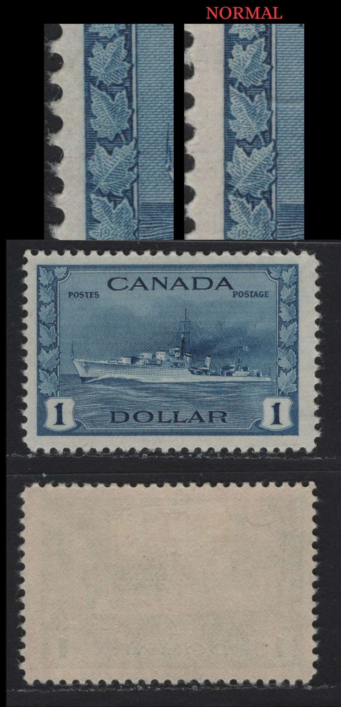 Lot 227 Canada (C) #262 $1 Deep Bright Blue Tribal Class Destroyer, 1942-1943 KGVI War Issue, A FOG Single, CBN-AAAAA Paper, Perf 11.9x12, Showing Very Minor Re-Entry On Left Frameline.