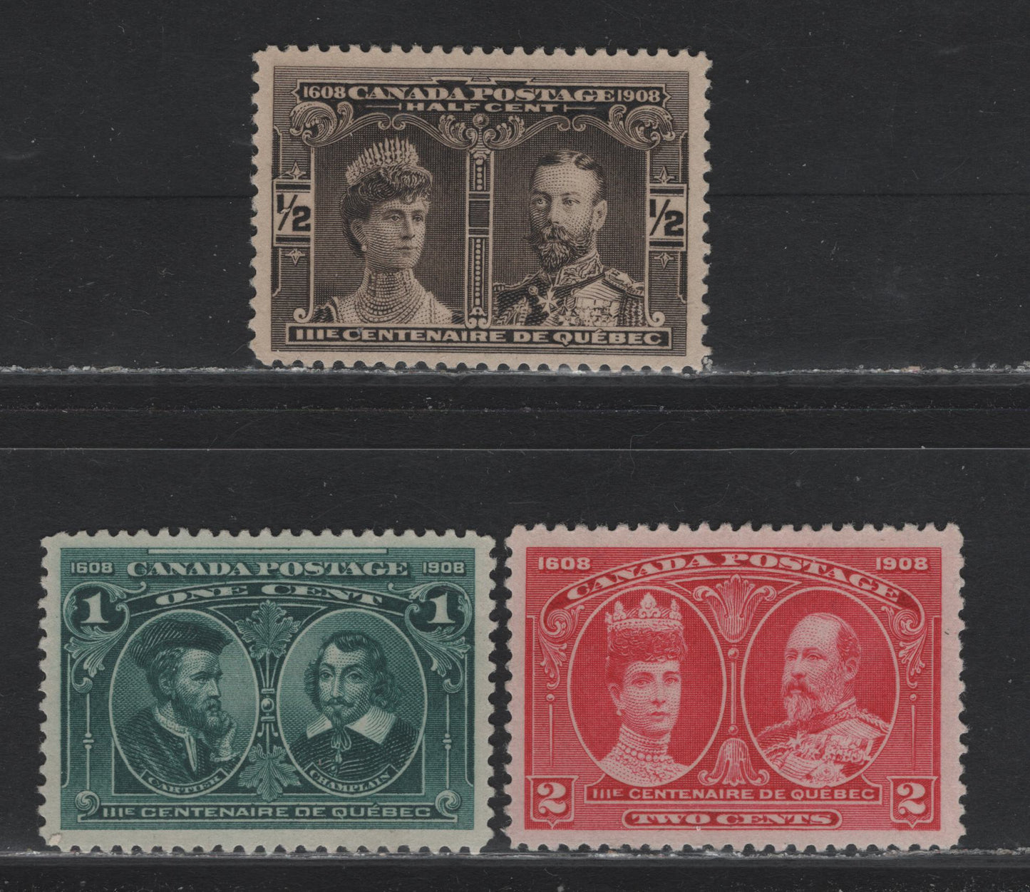 Lot 24 Canada (C) #96-98 1/2c - 2c Black - Rose Carmine, 1908 Quebec Tercentenary Issue, 3 Very Fine Unused Singles, ABN-B & ABN-A Papers, Perfs  11.95x11.9 and 12x11.9, Well Centered But No Gum.