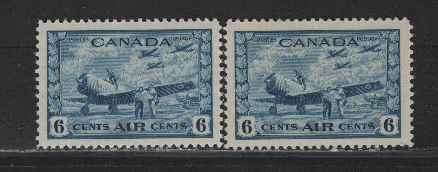 Lot 243 Canada #C7 6c Dull Blue - Prussian Blue Air Training Plan, 1942-1943 Airmail War Issue, 2 VFNH Singles, CBN-BBBBB & CBN-TTTT Papers, Perfs 12x11.85 & 12