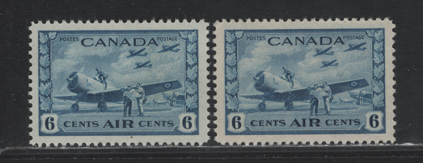 Lot 244 Canada #C7 6c Dull Blue Air Training Plan, 1942-1943 Airmail War Issue, 2 VFNH Singles, CBN-CCC Paper, Perfs 11.95x12 & 12x11.9