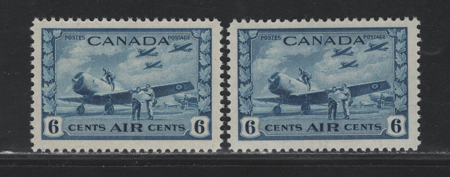 Lot 245 Canada #C7 6c Bright Blue Air Training Plan, 1942-1943 Airmail War Issue, 2 VFNH Singles, CBN-BBBBB Paper, Perfs 11.9x12 & 11.95x11.9