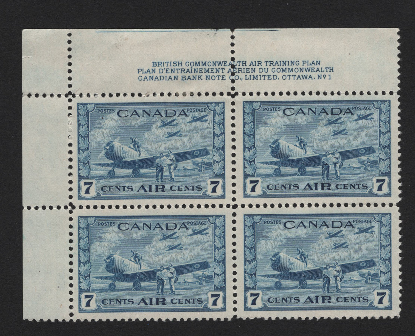 Lot 246 Canada #C8 7c Pale Dull Blue Air Training Plan, 1942-1943 Airmail War Issue, A VFOG UL Plate 1 Block Of 4, CBN-LL Paper, Perf 11.9