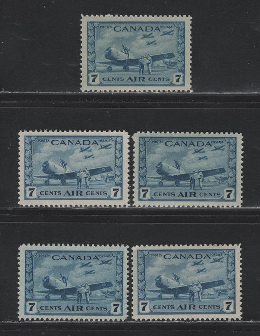 Lot 160 Canada #C8 7c Blue Air Training Plan, 1942-1943 Airmail War Issue, 5 VFNH Singles, Various Shades On Different Papers & Perfs