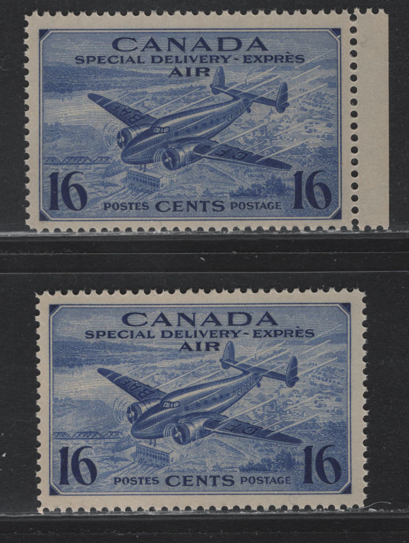 Lot 251 Canada #CE1 16c Deep Ultramarine Trans-Canada Airplane, 1942-1943 Airmail Special Delivery Issue, 2 VFNH Singles, CBN-II Paper, Perfs 12 & 12x11.9